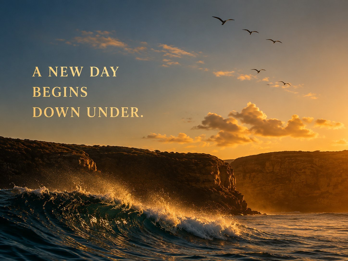 A new day begins down under: breaking wave at dawn