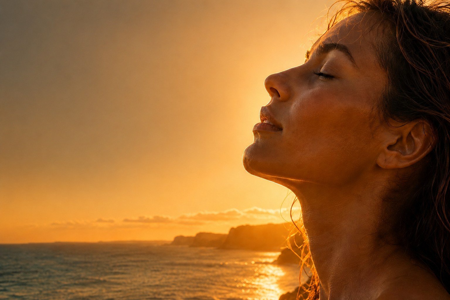 Woman bathed in warm Australian sunset light, made for sun-loving skin